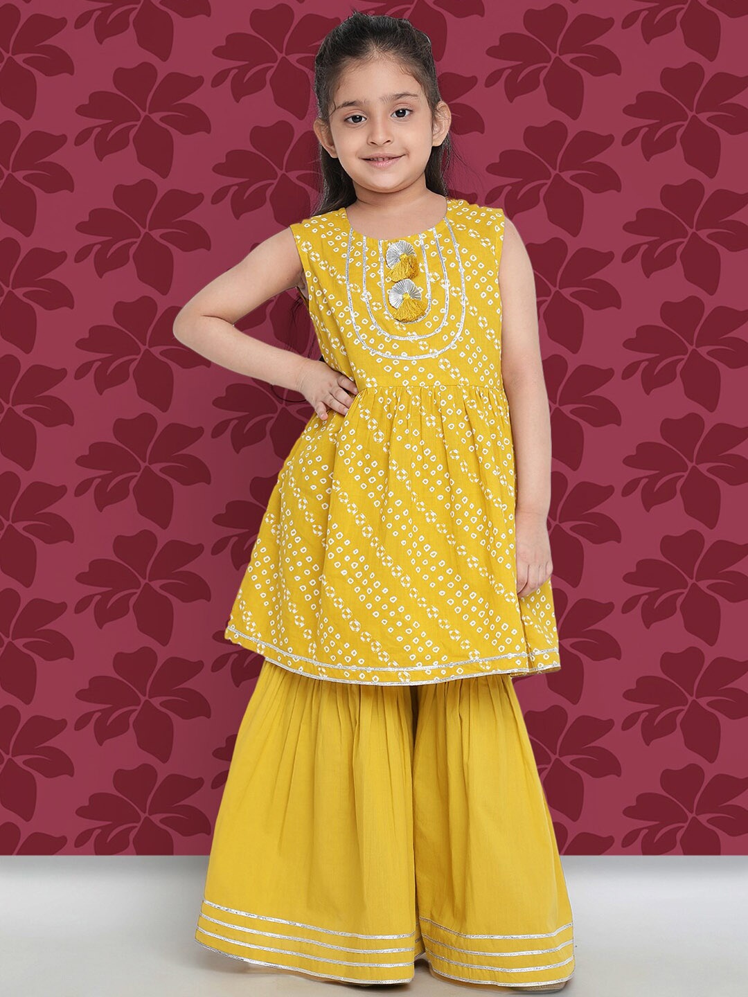 

Indo Era Girls Yellow Bandhani Printed A-Line Kurta with Sharara