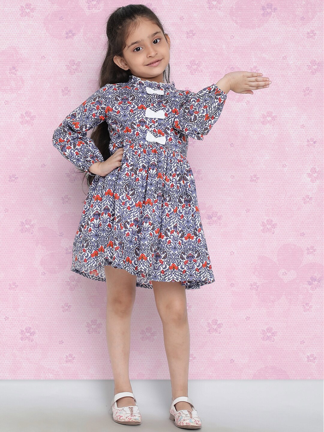 

Indo Era Girls Purple Floral Printed Cotton A-Line Dress