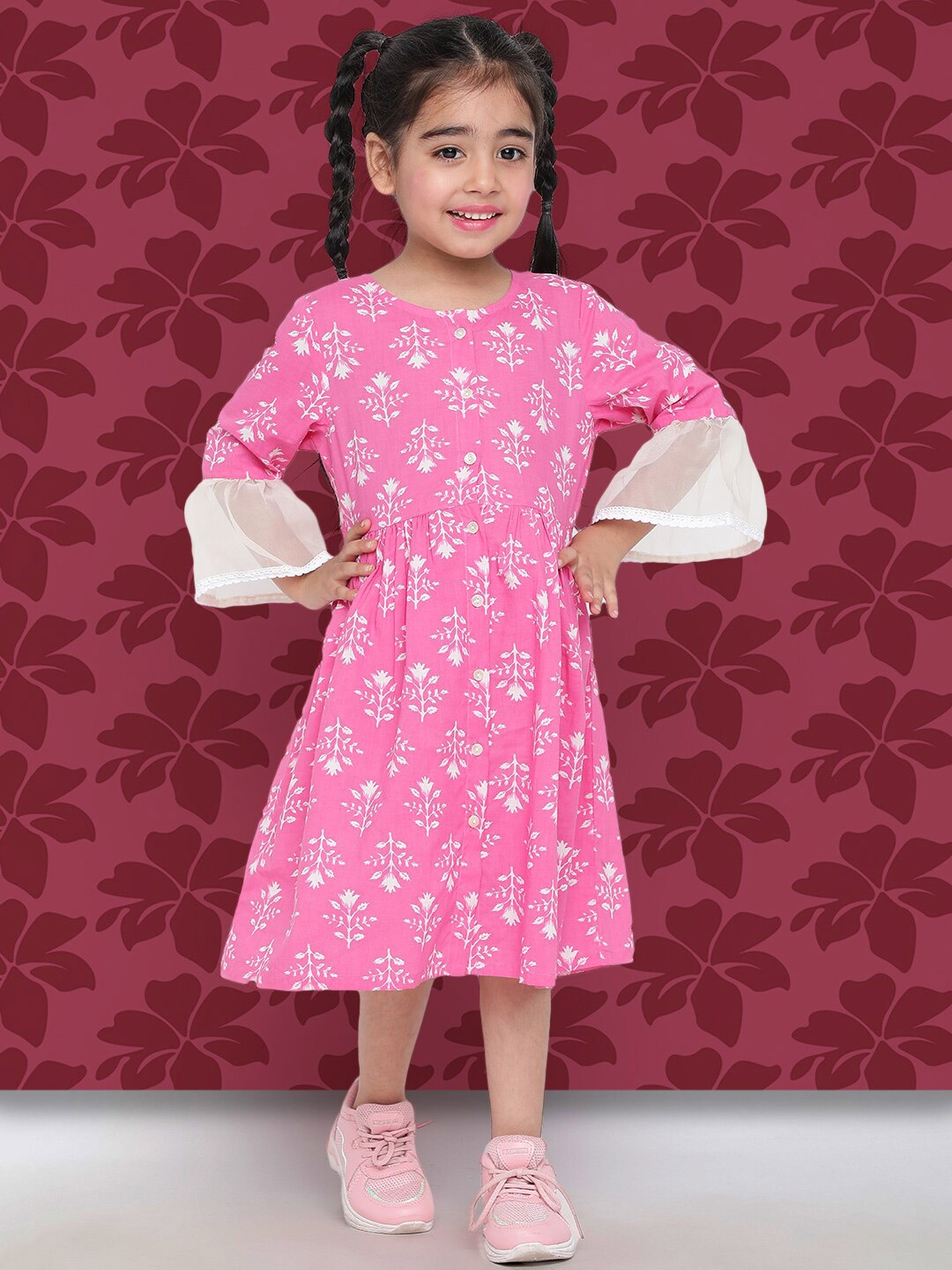 

Indo Era Girls Pink Floral Printed Bell Sleeve Cotton A-Line Dress