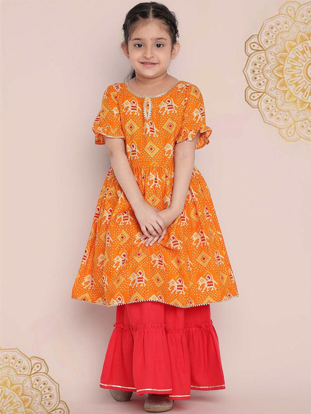 

Indo Era Girls Yellow Ethnic Motifs Printed Empire Gotta Patti Kurta With Sharara