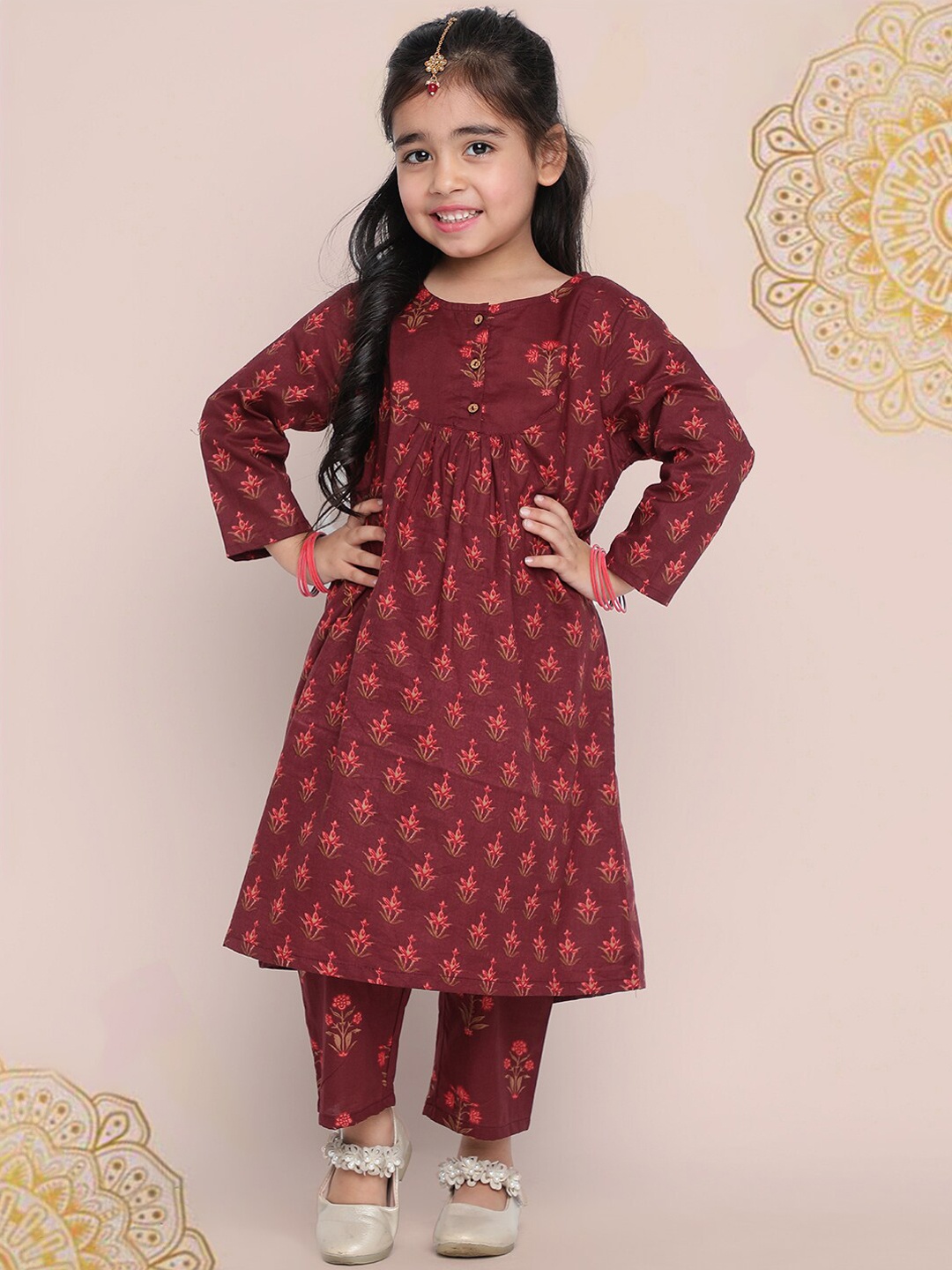 

Indo Era Girls Maroon Ethnic Motifs Printed Regular Kurta With Trousers