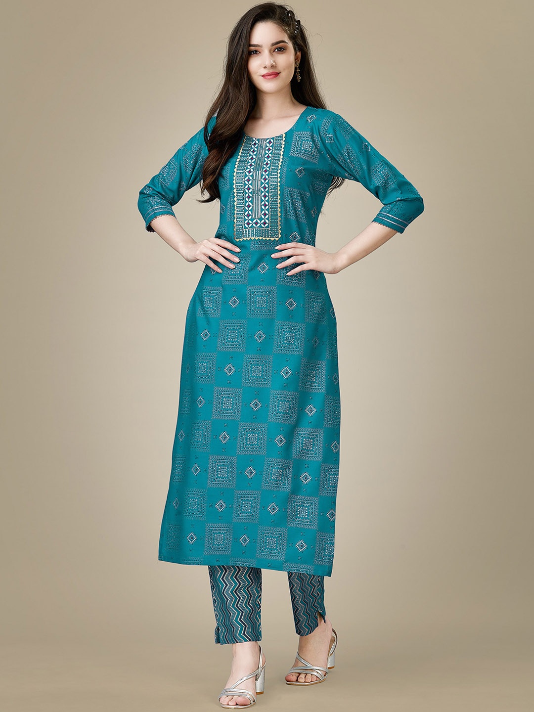 

MotiHamir Ethnic Motifs Printed Embroidered Thread Work Yoke Kurta with Trousers, Teal