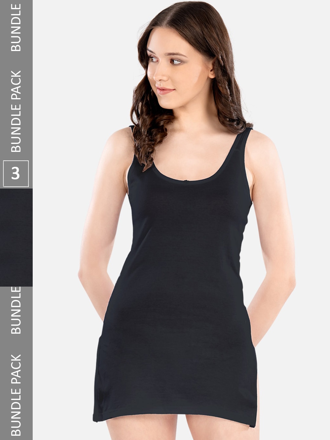

indian flower Pack Of 3 Pure Cotton Round Neck Longline Camisoles, Black