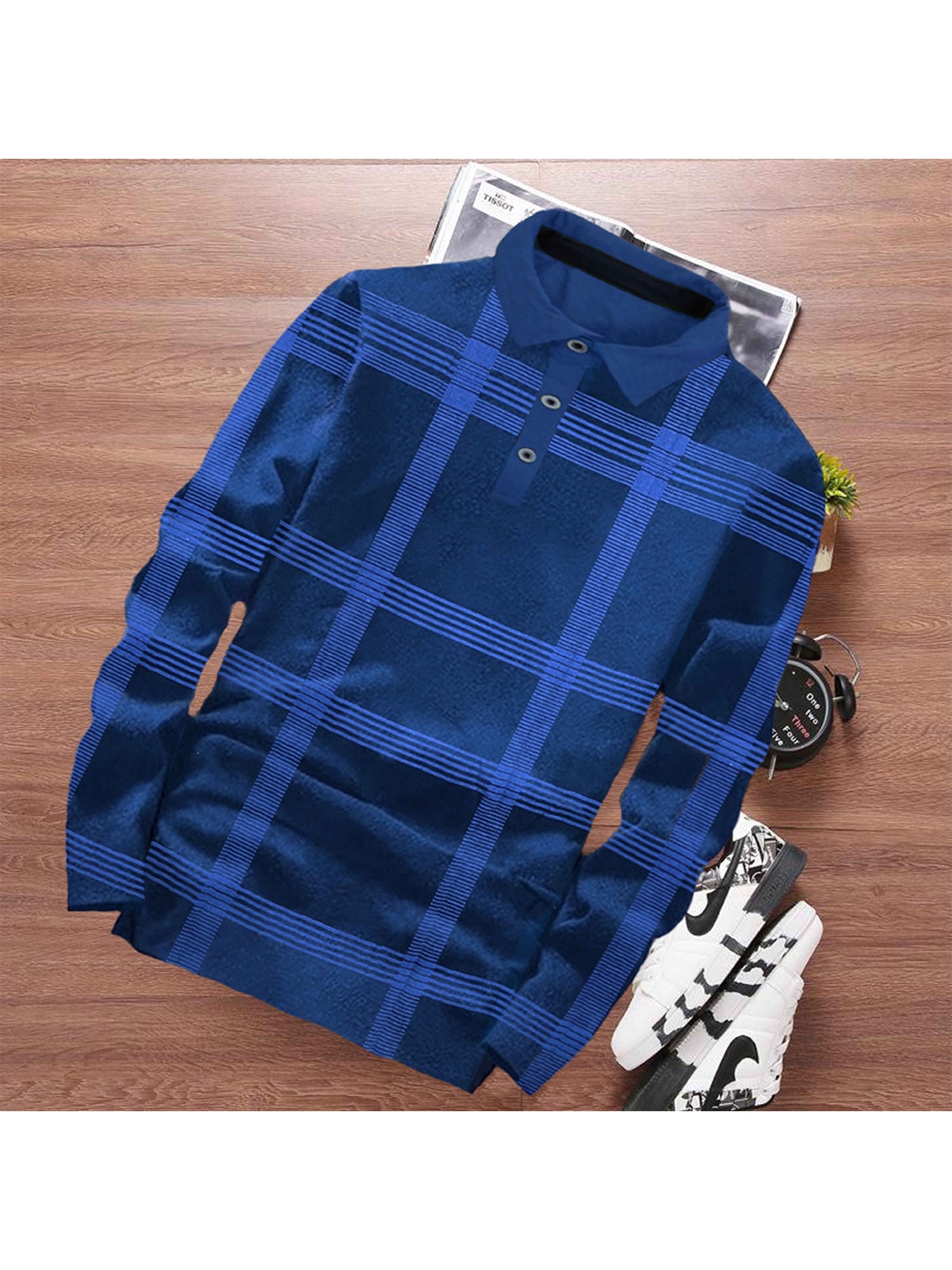 

Try This Checked Polo Collar Cotton T-shirt, Blue
