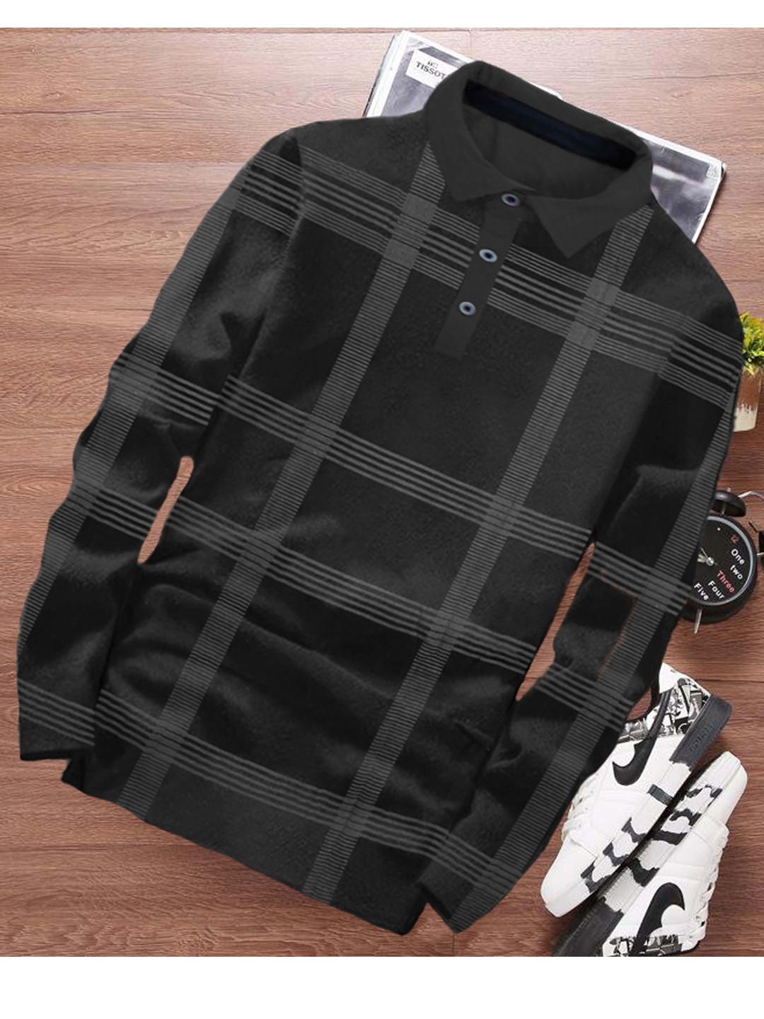 

Try This Checked Polo Collar Cotton T-shirt, Black