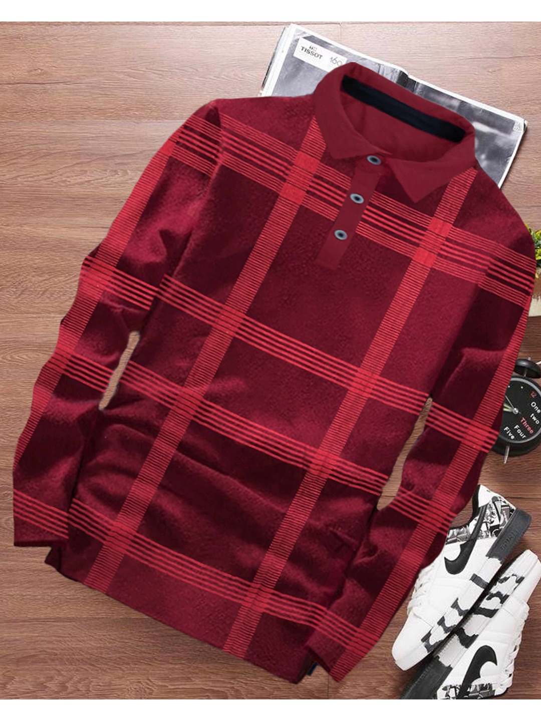 

Try This Checked Polo Collar Cotton T-shirt, Maroon