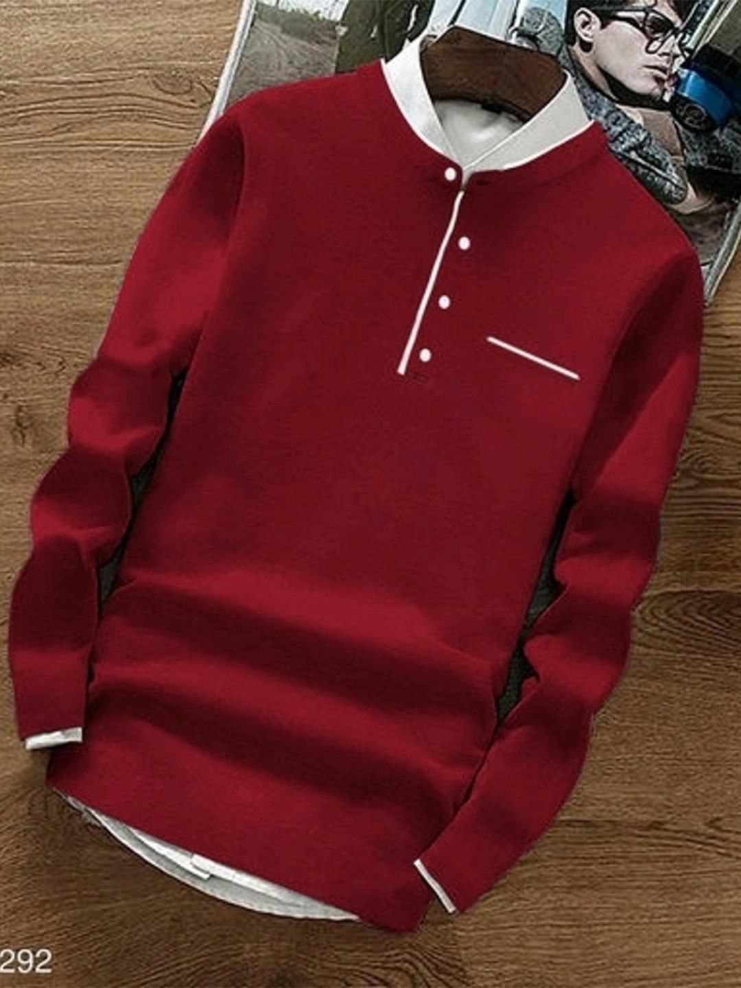 

Try This Mandarin Collar Cotton T-shirt, Maroon
