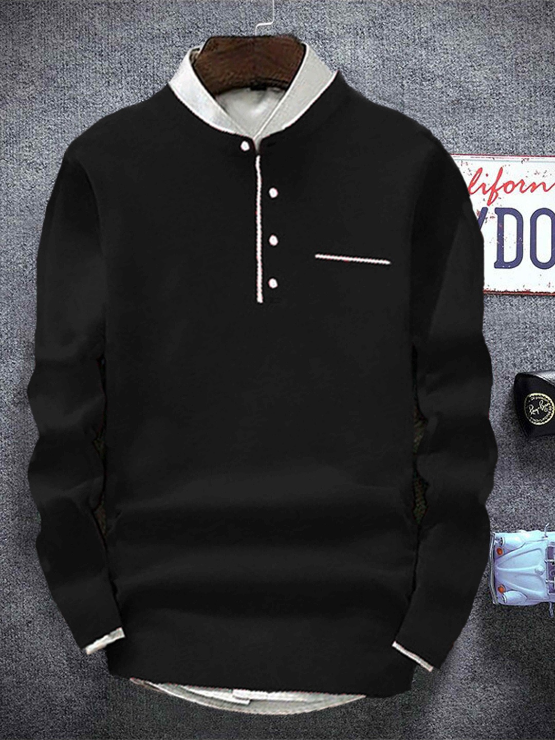 

Try This Henley Neck Cotton T-shirt, Black