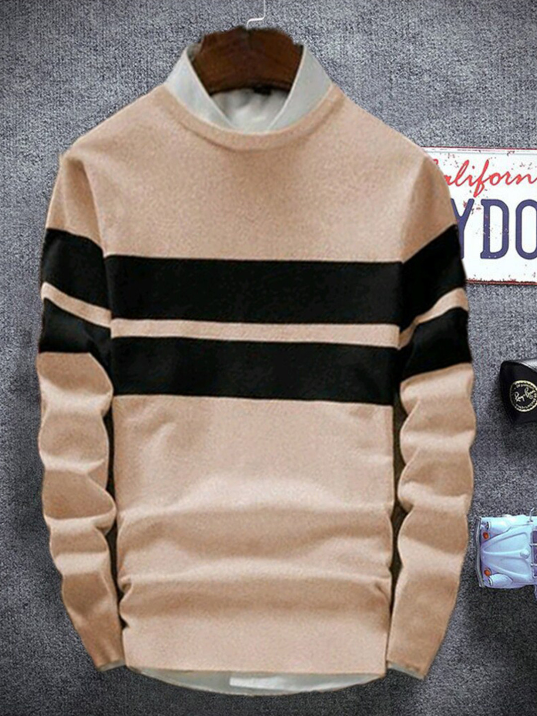 

Try This Striped Round Neck Cotton T-shirt, Beige
