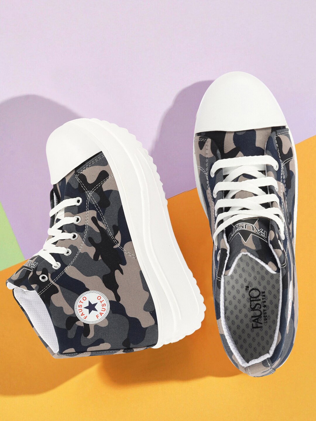 

FAUSTO Women Camouflage Printed Lightweight Mid-Top Sneakers, Grey