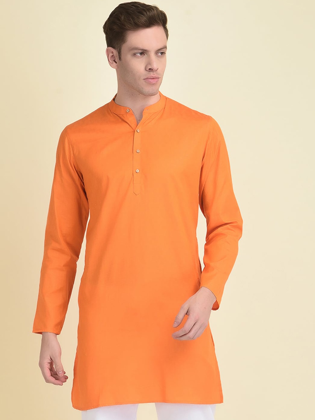 

DEYANN Men Mandarin Collar Straight Jacquard Kurta, Orange