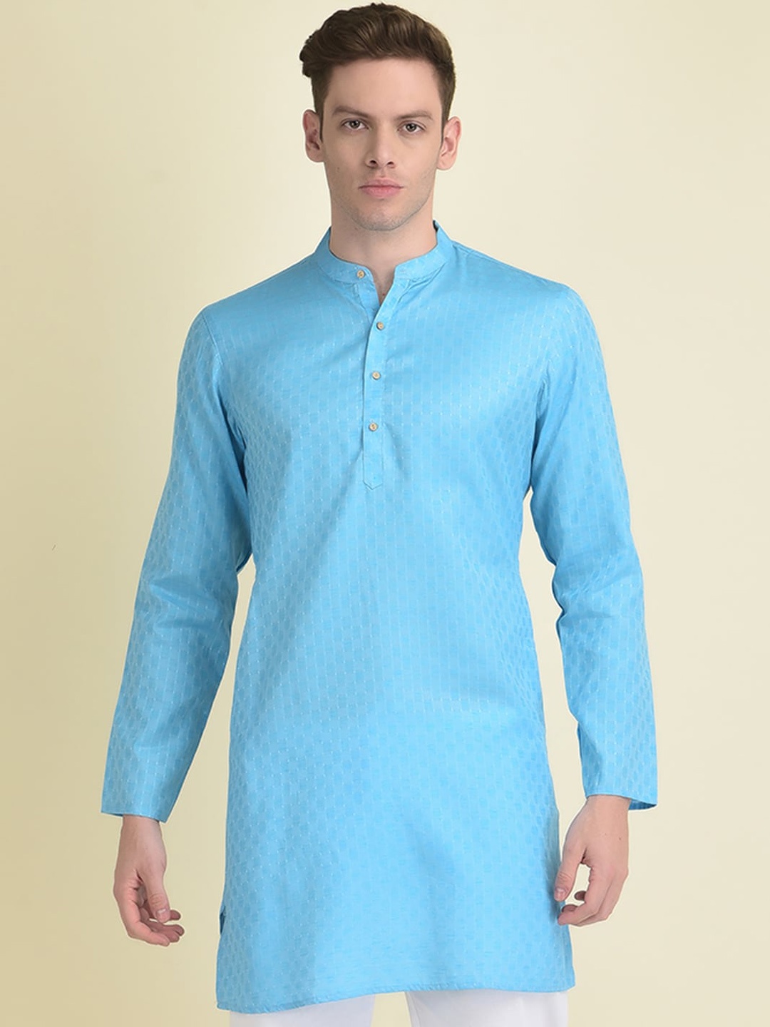 

DEYANN Men Mandarin Collar Straight Jacquard Kurta, Blue