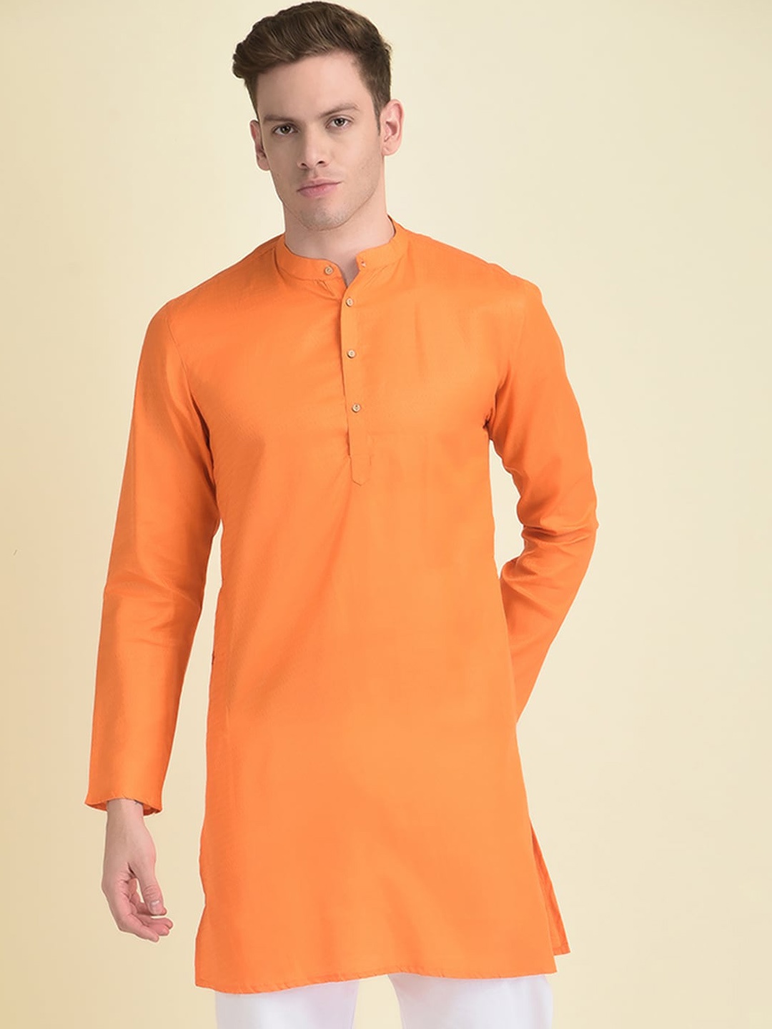 

DEYANN Men Mandarin Collar Straight Jacquard Kurta, Orange
