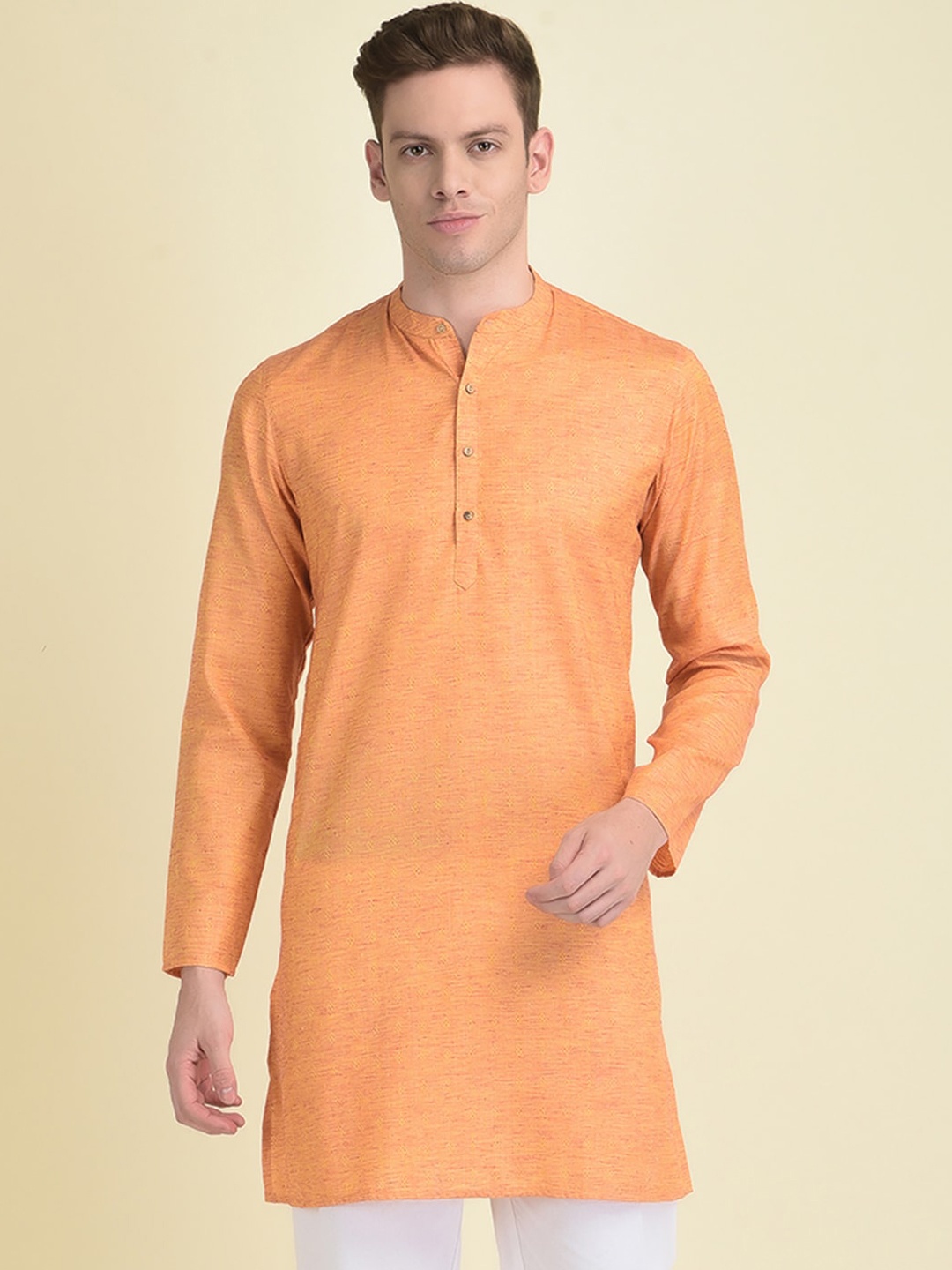 

DEYANN Men Mandarin Collar Straight Jacquard Kurta, Orange