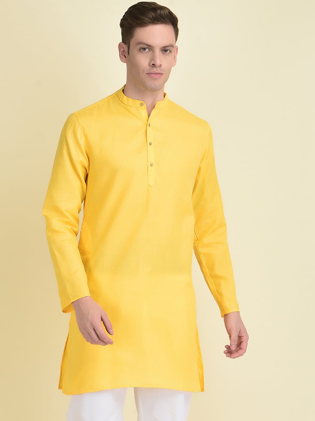 

DEYANN Men Mandarin Collar Straight Jacquard Kurta, Yellow