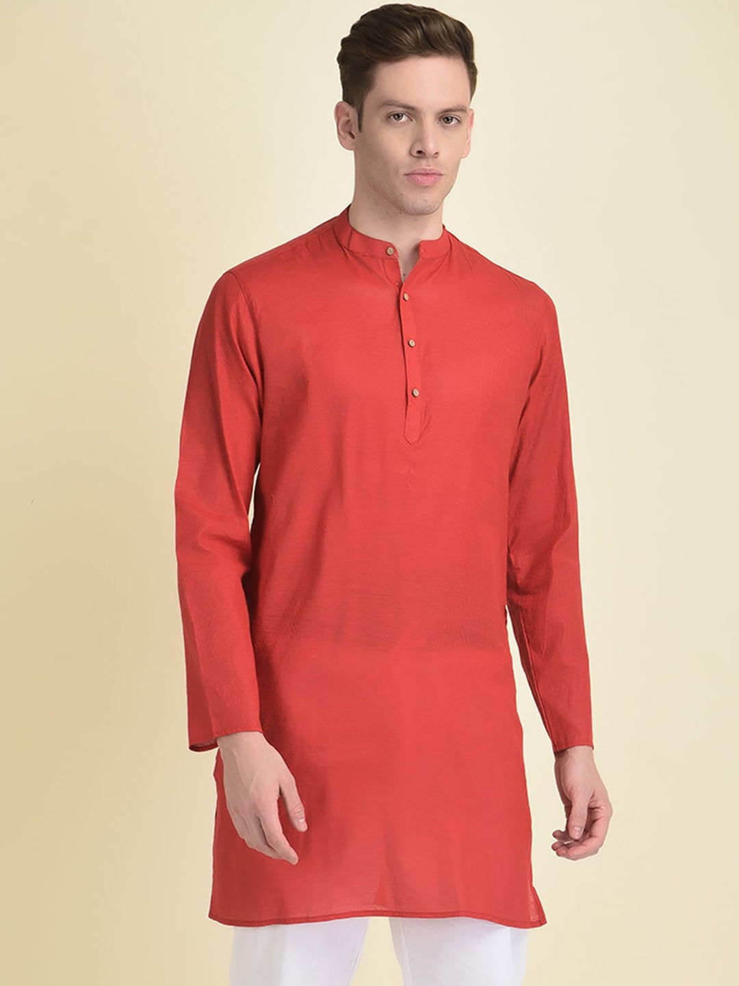 

DEYANN Men Mandarin Collar Straight Jacquard Kurta, Red