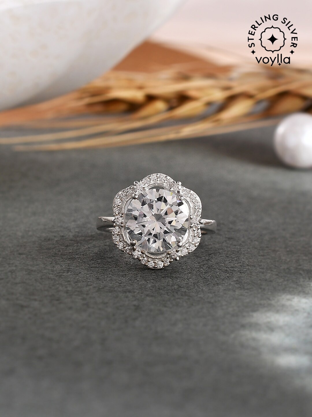 

Studio Voylla Rhdodium-Plated CZ-Studded 925 Sterling Silver Finger Ring