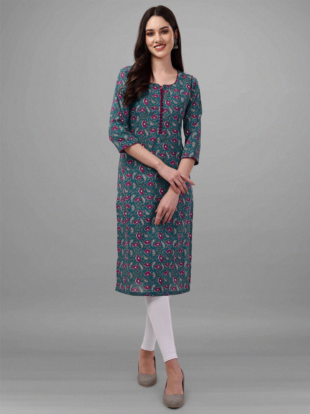 

BAPS Floral Printed Pure Cotton Kurta, Teal