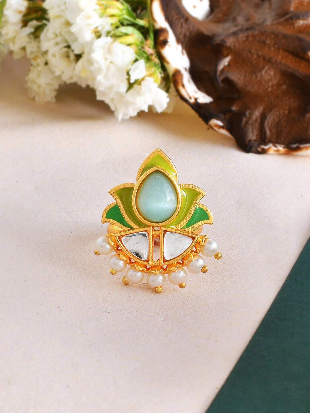 

Voylla Gold-Plated Enameled Floral Designed Brass Finger Ring