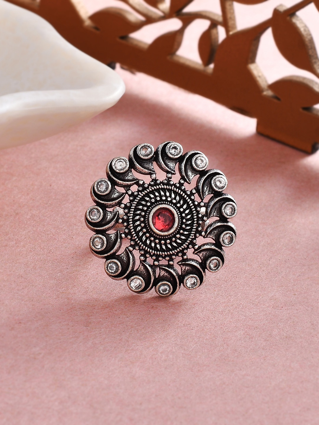 

Voylla Silver-Plated Stone-Studded Adjustable FingerRing