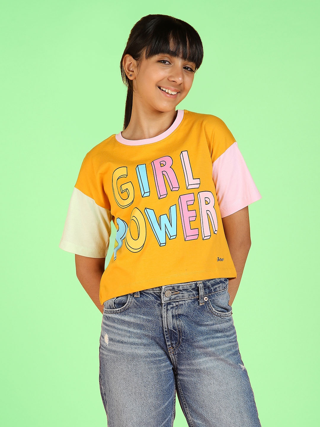 

Natilene Girls Typography Printed Pure Cotton Regular Top, Mustard