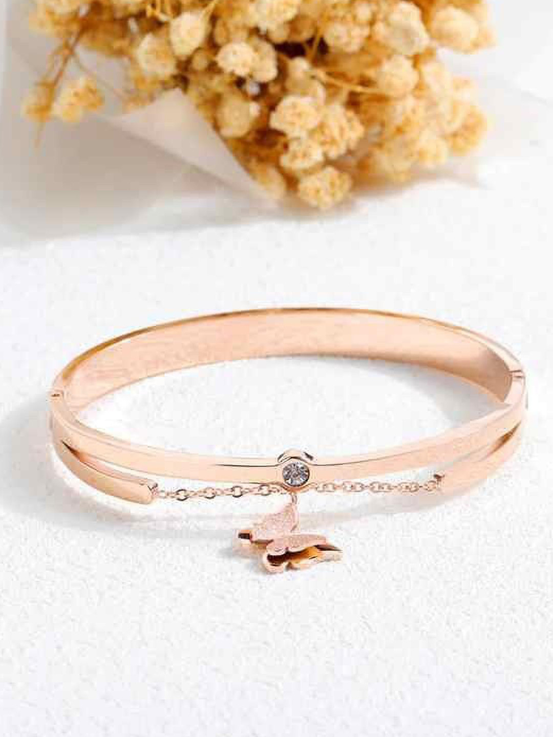 

MYKI Rose Gold-Plated Stone Studded Stainless Steel Kada Bracelet