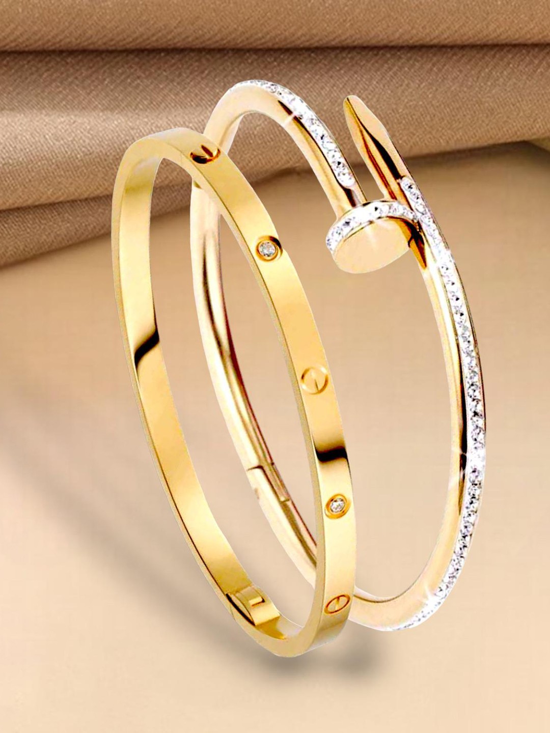

MYKI Set Of 2 Gold-Plated Stone Studded Kada Bracelets