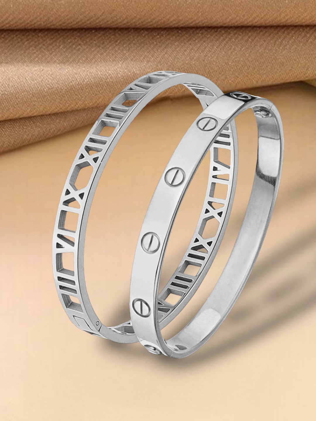 

MYKI Women Set Of 2 Silver-Plated CZ Kada Bracelets