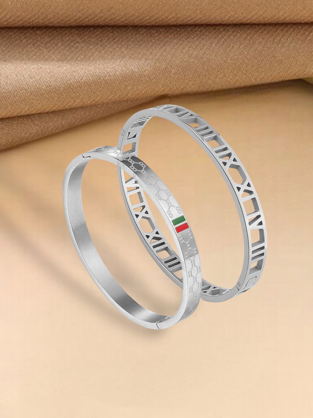 

MYKI Women Set Of 2 Silver-Plated CZ Kada Bracelets