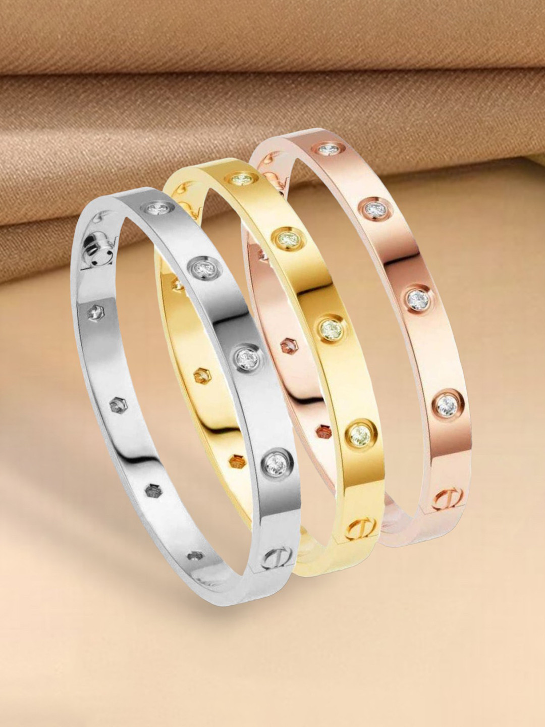 

MYKI Women Set of 3 Cubic Zirconia Enamelled Rose Gold-Plated Kada Bracelet