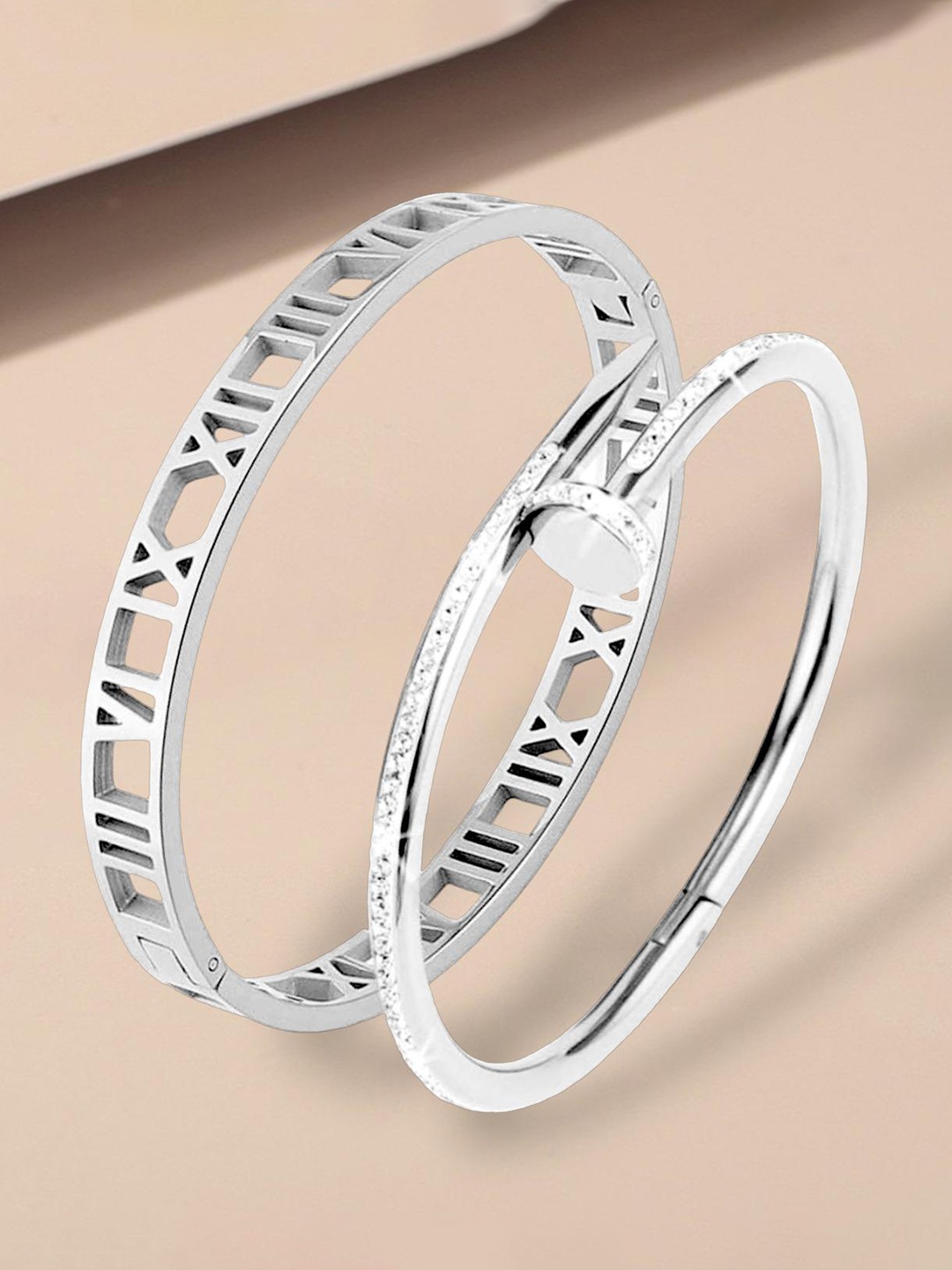 

MYKI Women Set of 2 Silver-Plated Cubic Zirconia Bangle-Style Bracelet