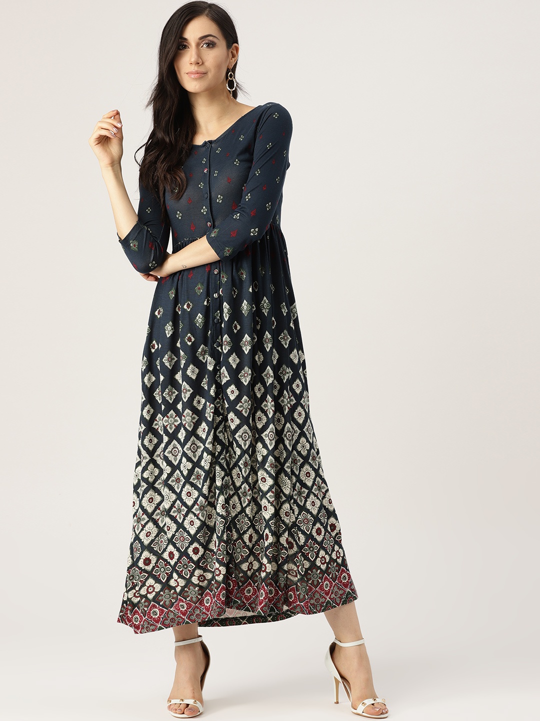 

IMARA Women Navy Blue & Off-White Printed Maxi Dress