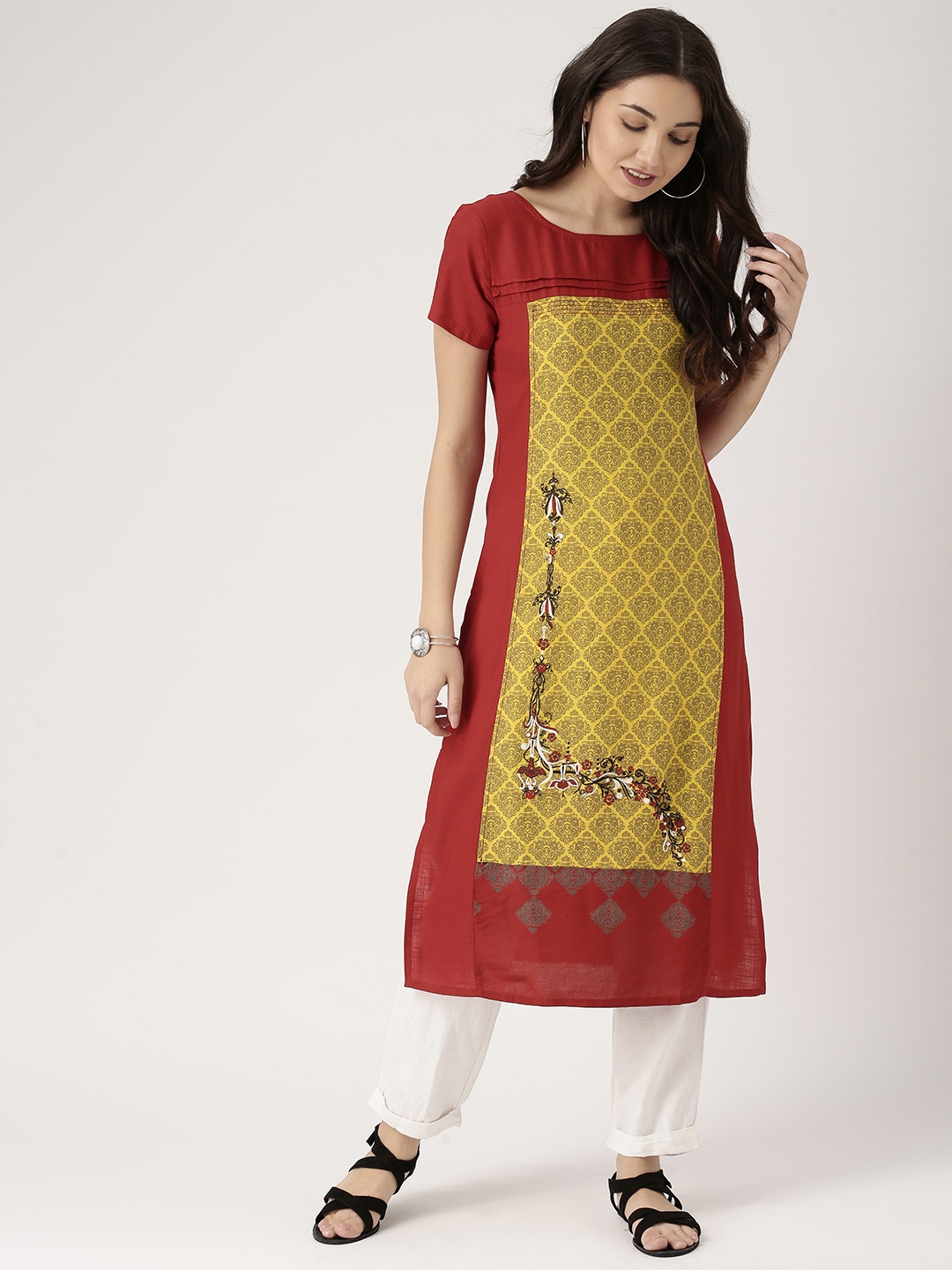 

IMARA Women Rust Red & Yellow Printed Straight Kurta