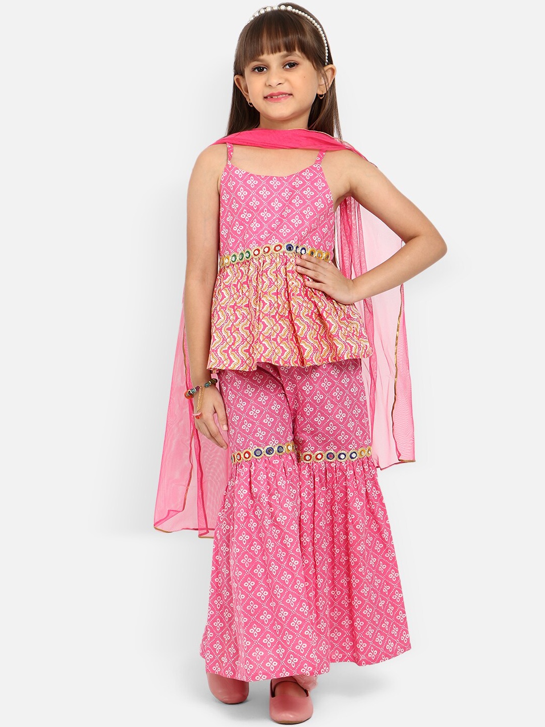 

Nauti Nati Girls Bandhani Printed Mirror Work Pure Cotton Kurti With Sharara & Dupatta, Pink