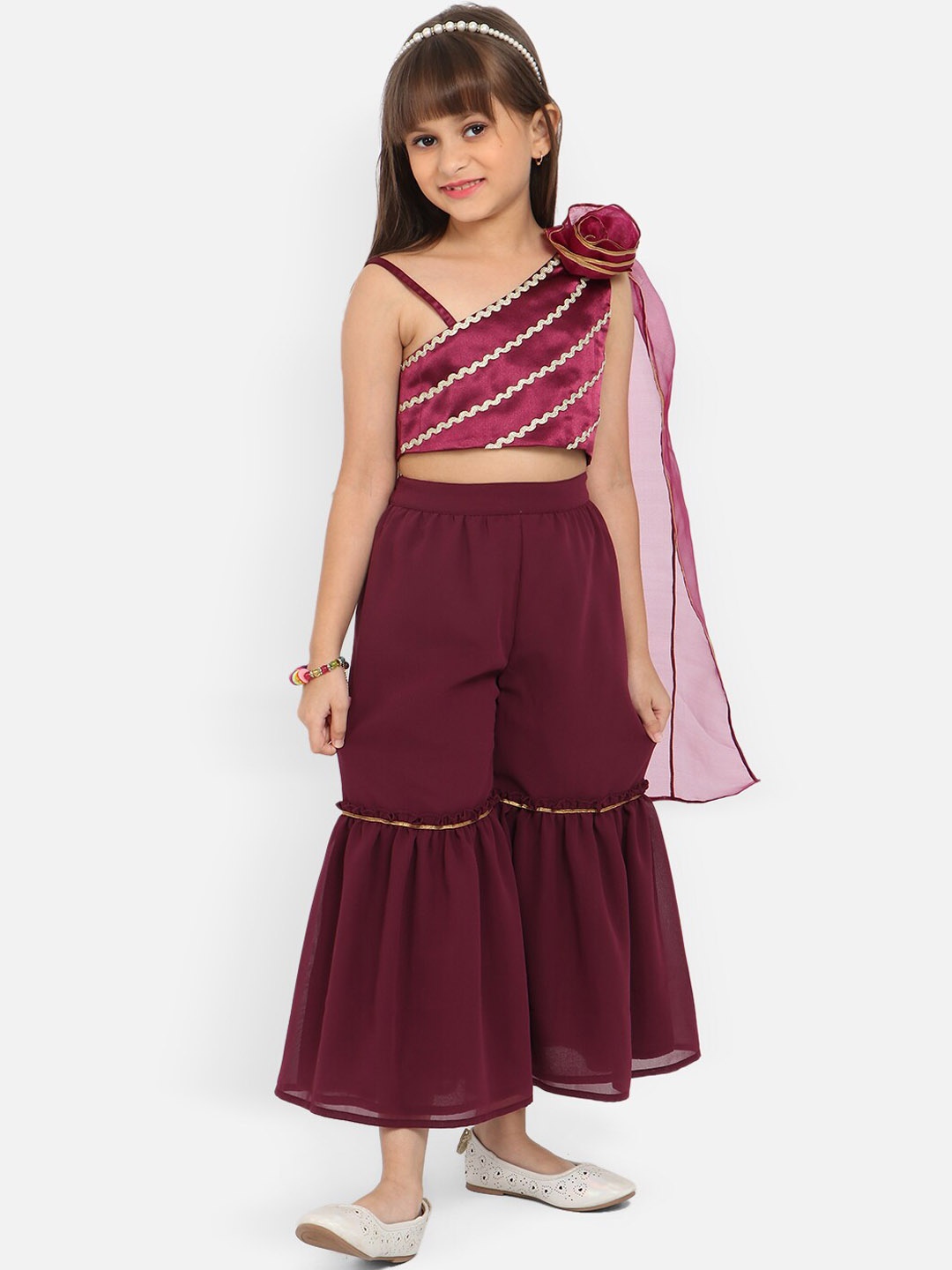 

Nauti Nati Girls Embellished One Shoulder Top With Palazzos, Burgundy