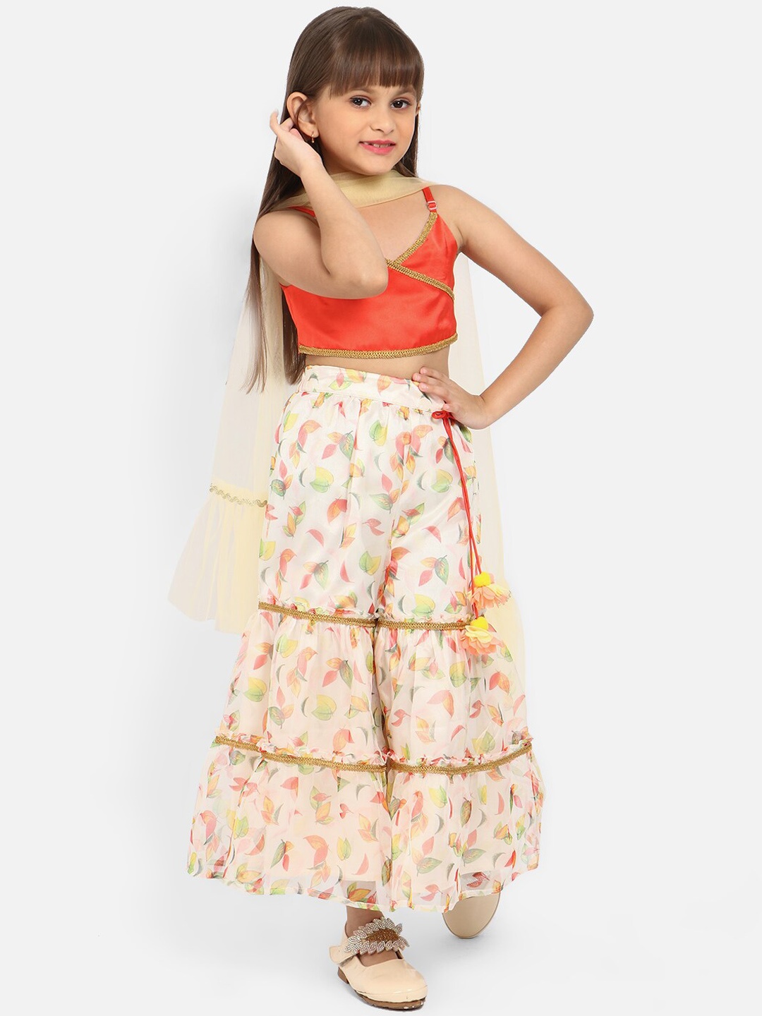 

Nauti Nati Girls Floral Printed Gotta Patti Top & Sharara With Dupatta, Orange