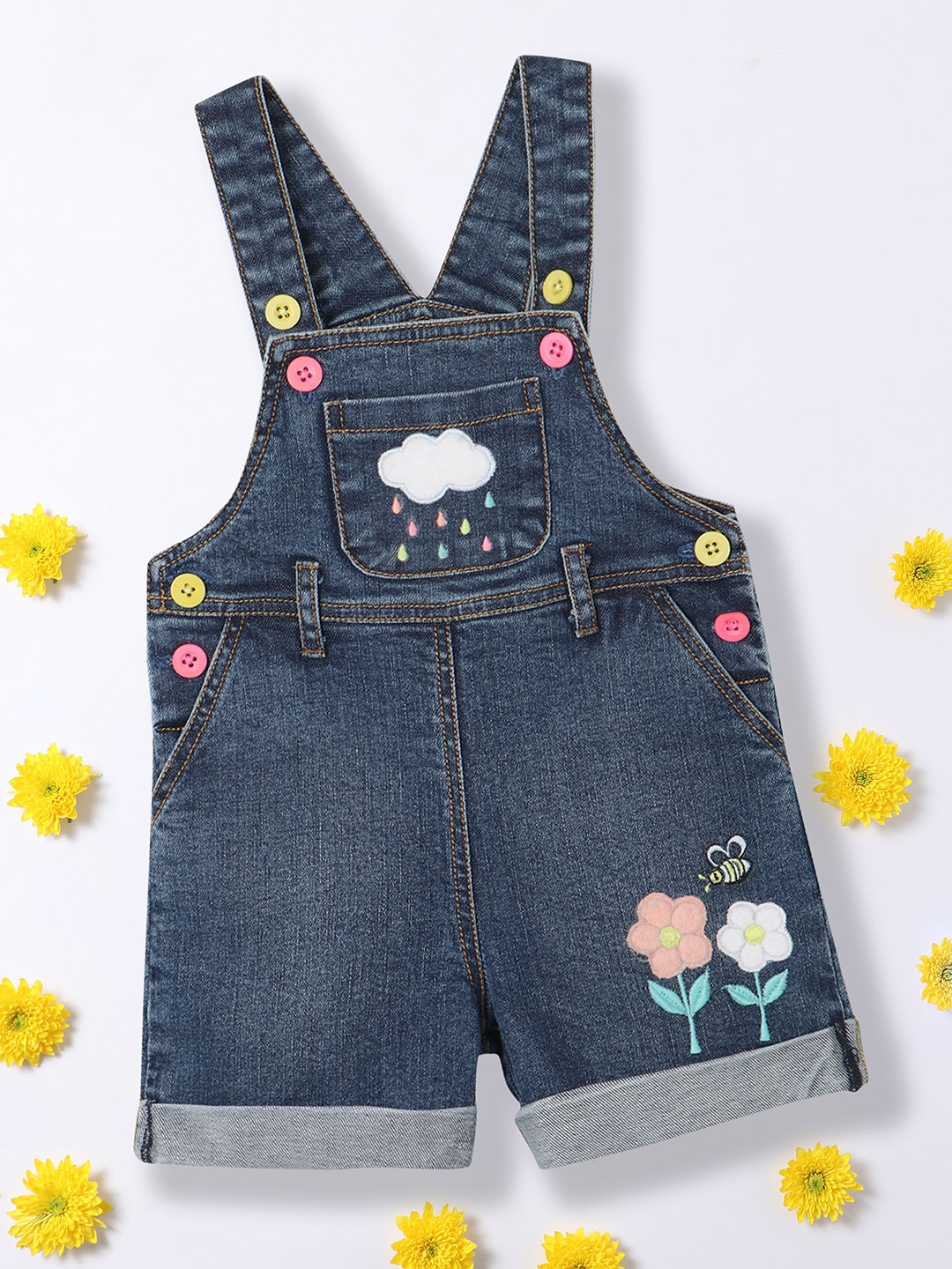 

Nauti Nati Girls Applique Work Pure Cotton Denim Dungaree, Blue