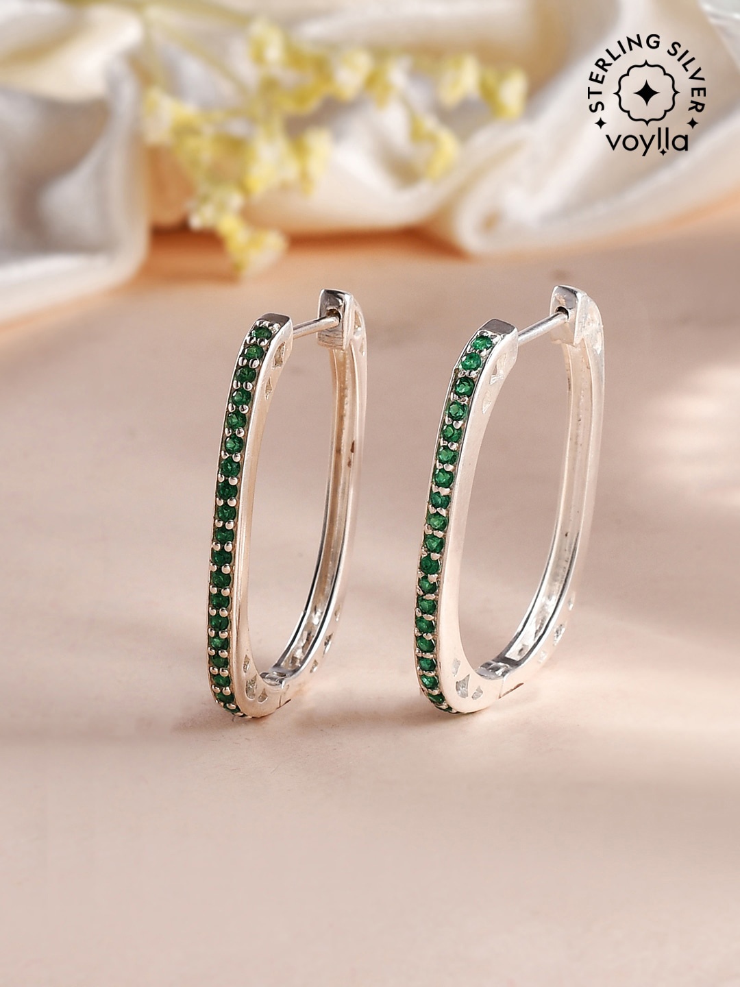 

Voylla 92.5 Sterling Silver Rhodium-Plated CZ Stone Square Hoop Earrings, Gold