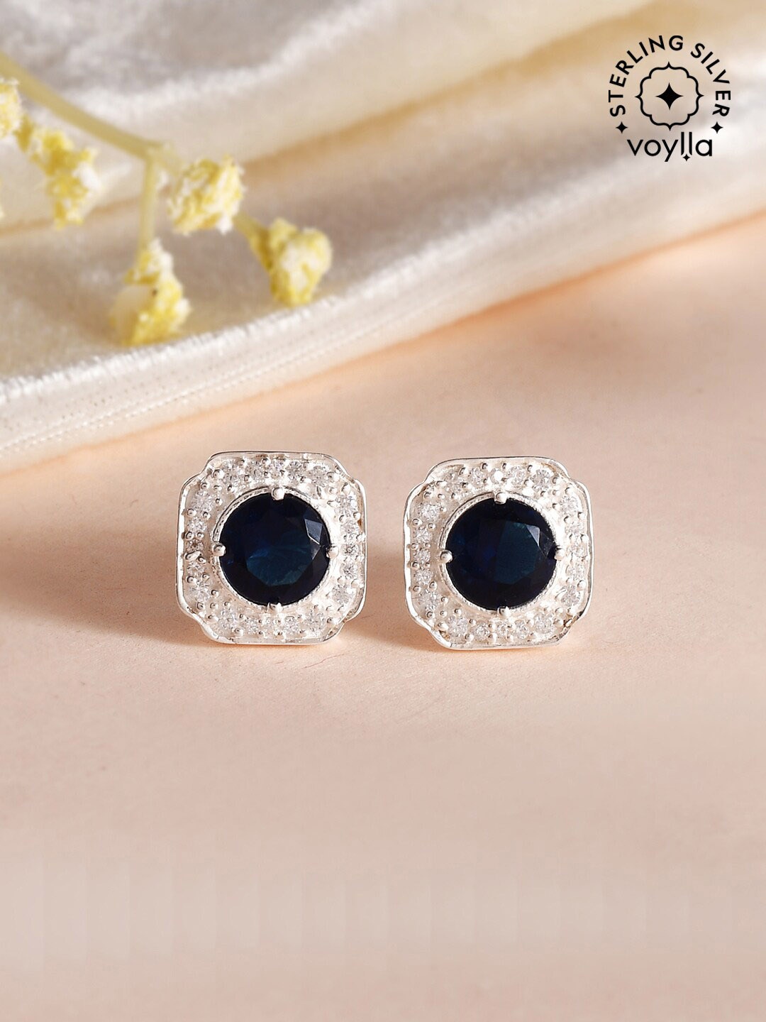 

Voylla Rhodium-Plated 925 Sterling Silver Cubic Zirconia Contemporary Studs Earrings, Navy blue