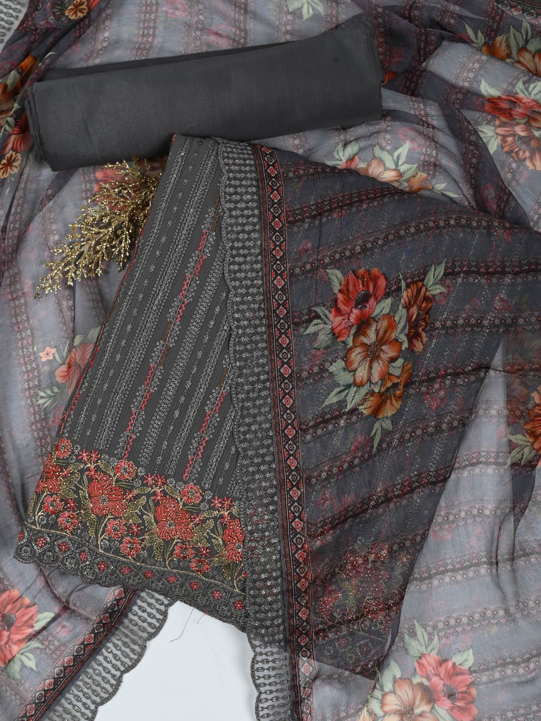 

Meena Bazaar Floral Embroidered Sequinned Unstitched Dress Material, Grey