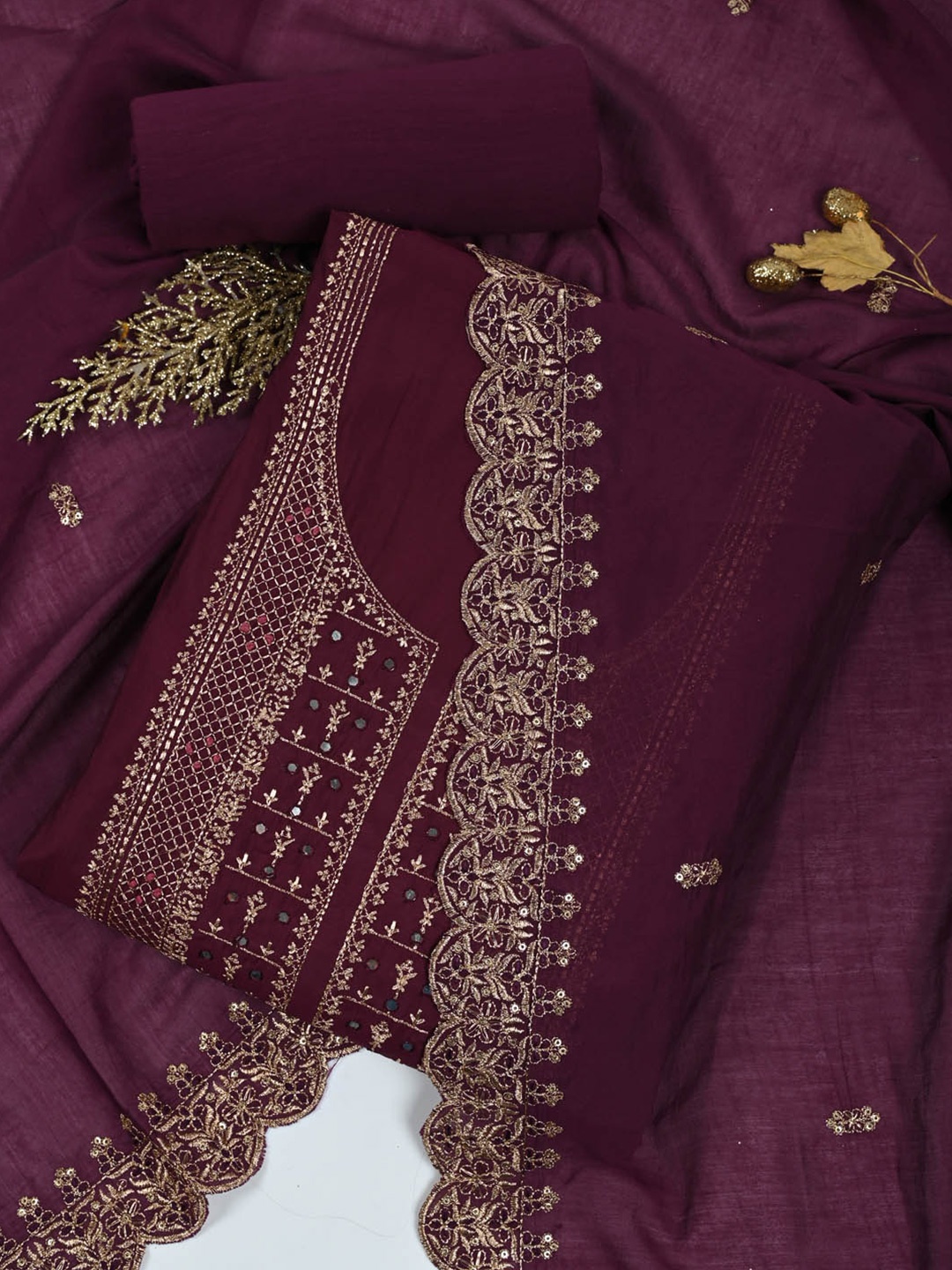 

Meena Bazaar Ethnic Motifs Embroidered Sequinned Art Silk Unstitched Dress Material, Burgundy