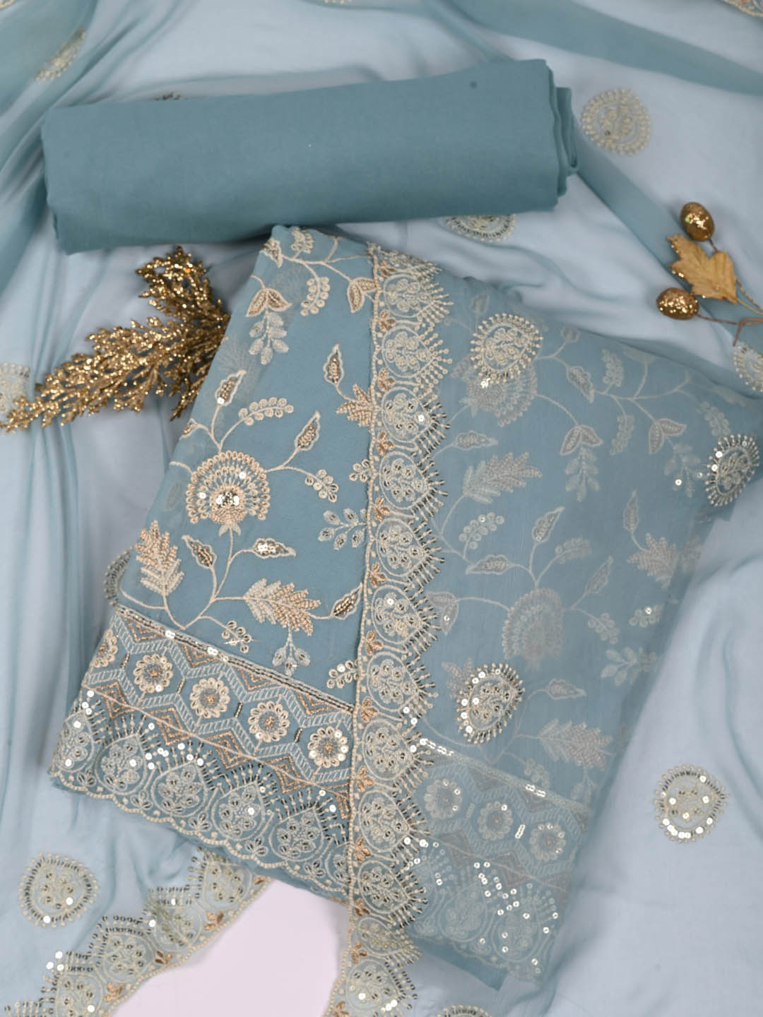 

Meena Bazaar Ethnic Motifs Embroidered Sequinned Unstitched Dress Material, Grey