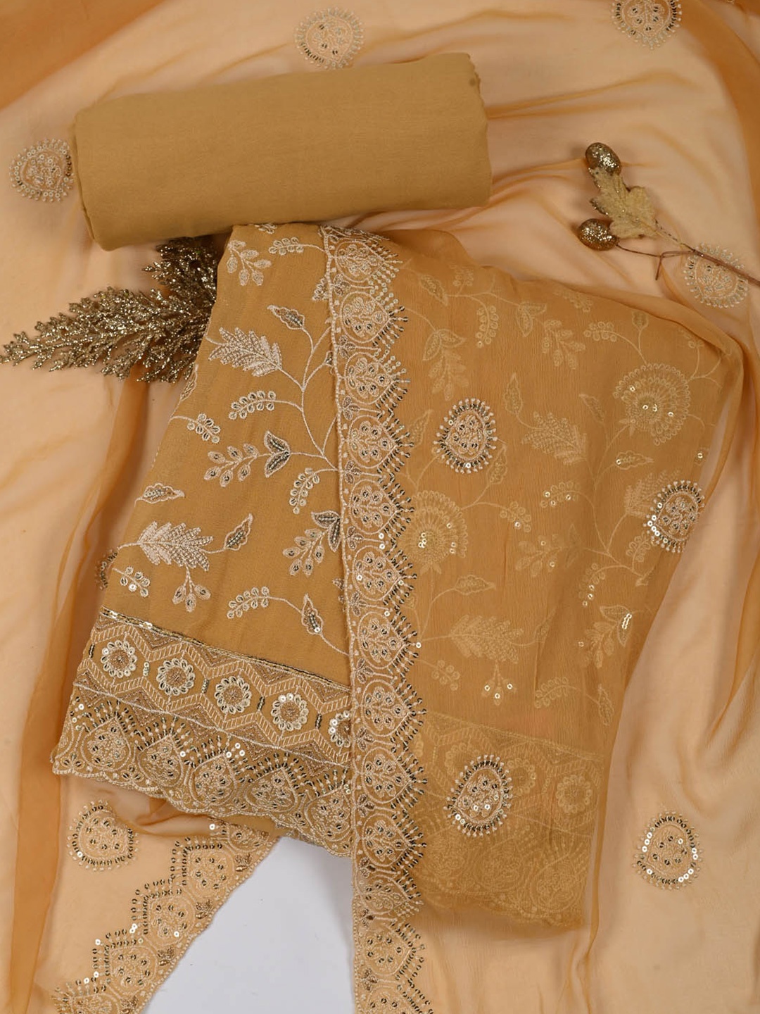 

Meena Bazaar Ethnic Motifs Embroidered Sequinned Unstitched Dress Material, Mustard