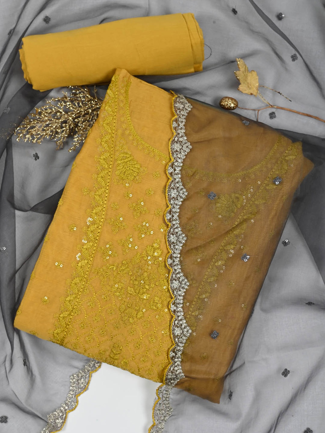 

Meena Bazaar Embroidered Unstitched Dress Material, Mustard