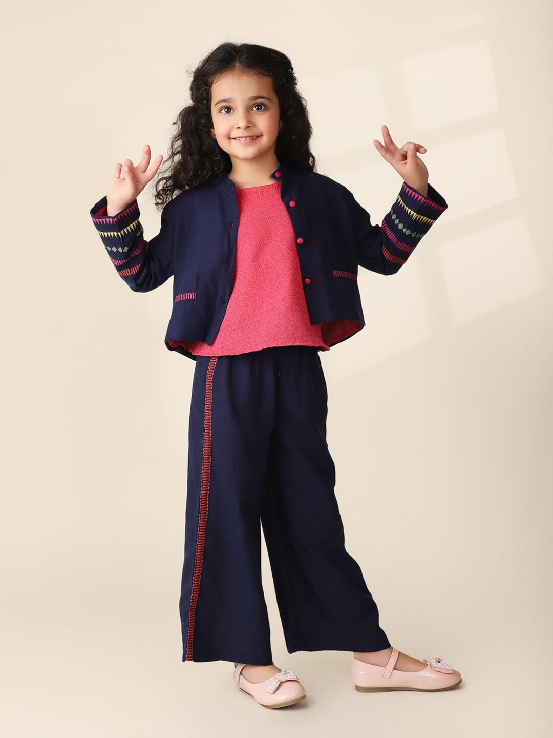 

Fabindia Girls Pure Cotton Top & Shirt With Palazzos, Navy blue
