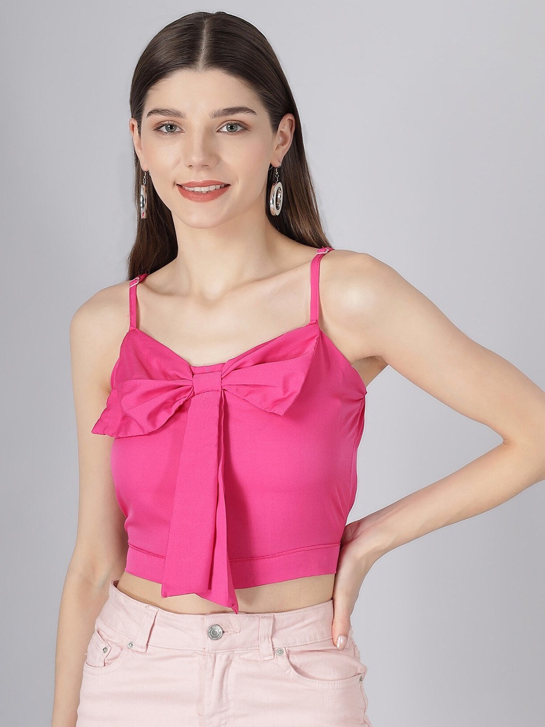 

BAESD Shoulder Straps Bow Detail Fitted Crop Top, Pink