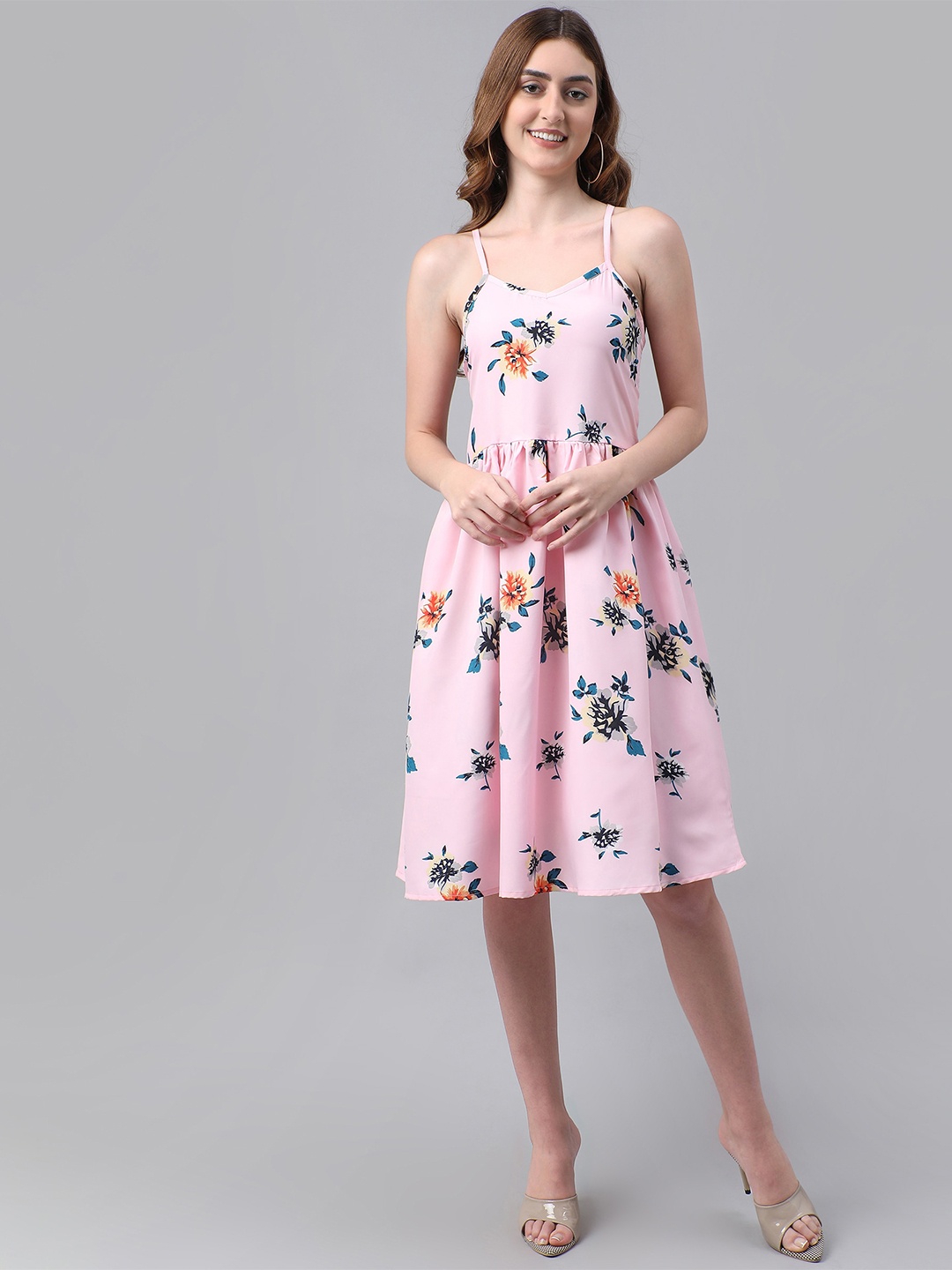 

BAESD Floral Printed Shoulder Strapped Crepe Fit & Flare Dress, Pink