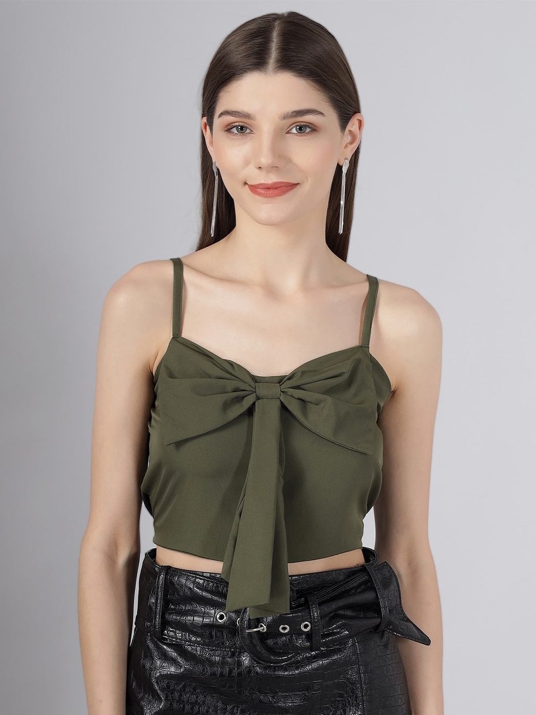 

BAESD Shoulder Straps Bow Detail Fitted Crop Top, Green