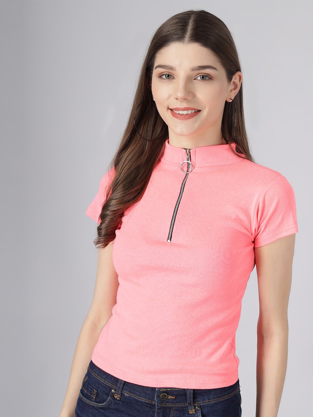 

BAESD High Neck Short Sleeves Fitted Top, Pink
