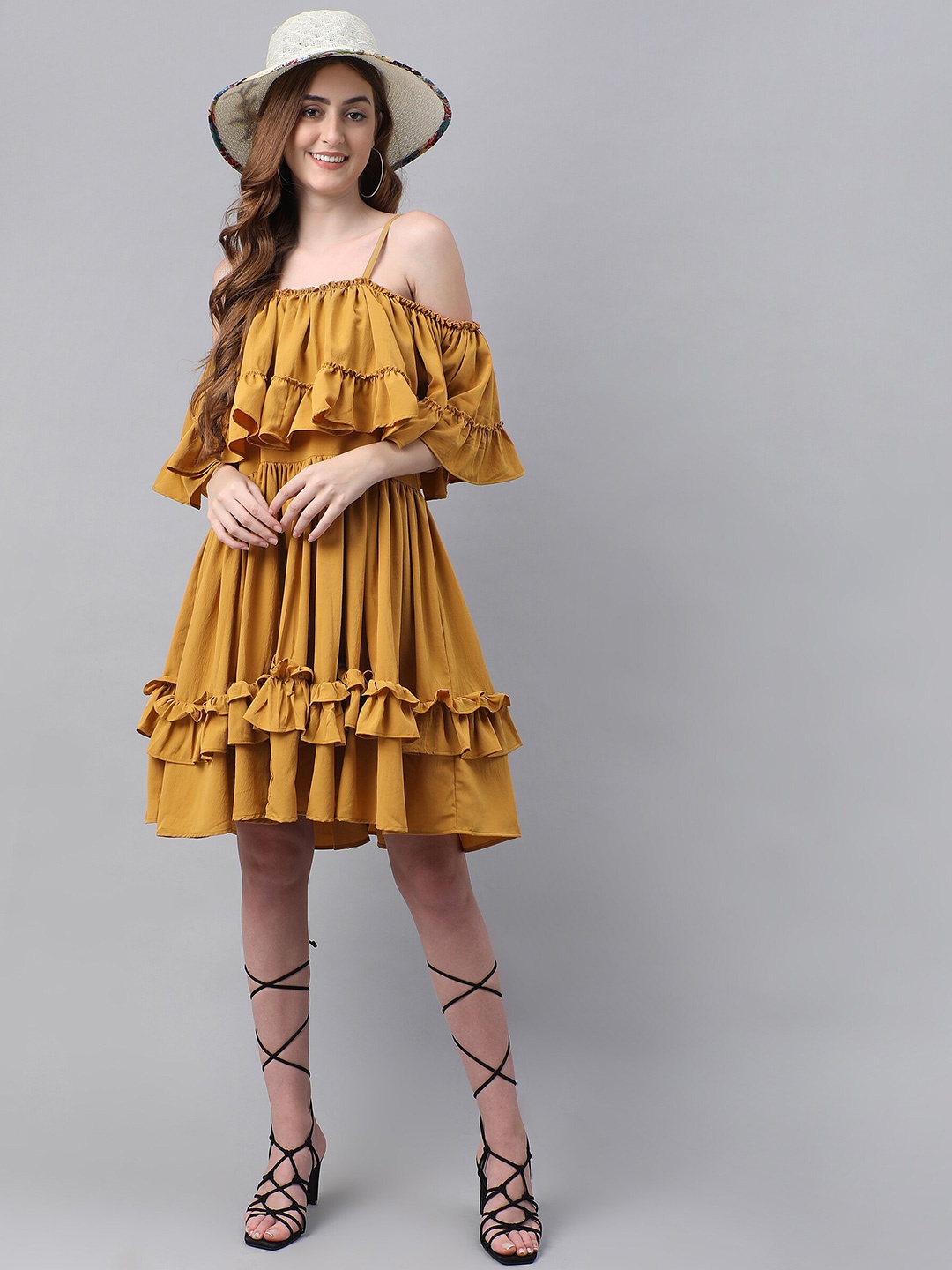 

BAESD Cold-Shoulder Sleeves Crepe A-Line Dress, Mustard